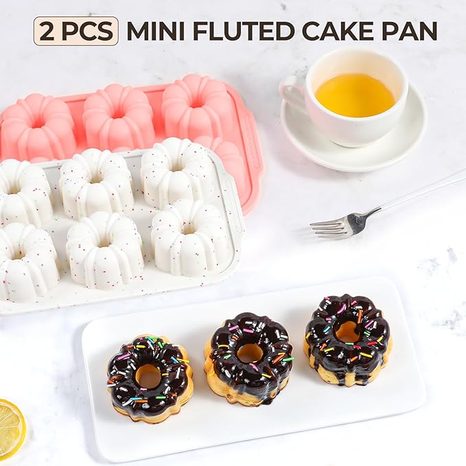 FUNBAKY Mini Fluted Tube Cake Pans for Baking with Metal Reinforced Frame, 2Pcs Silicone 6-Cavity Mini Flan Molds, Nonstick Baking Mold for Cupcake, Brownie, Donuts, Cornbread, Jello