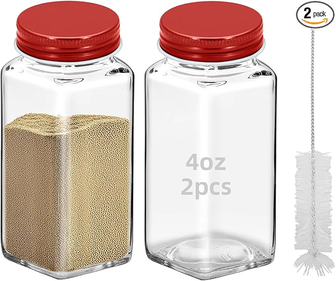 2Pcs 4oz Glass Spice Jars with Shaker Lids, Spice Jars Trial Set & Supplement Set, Empty Spice Containers and Square Spice Bottles for Kitchen (Red iron Lids)