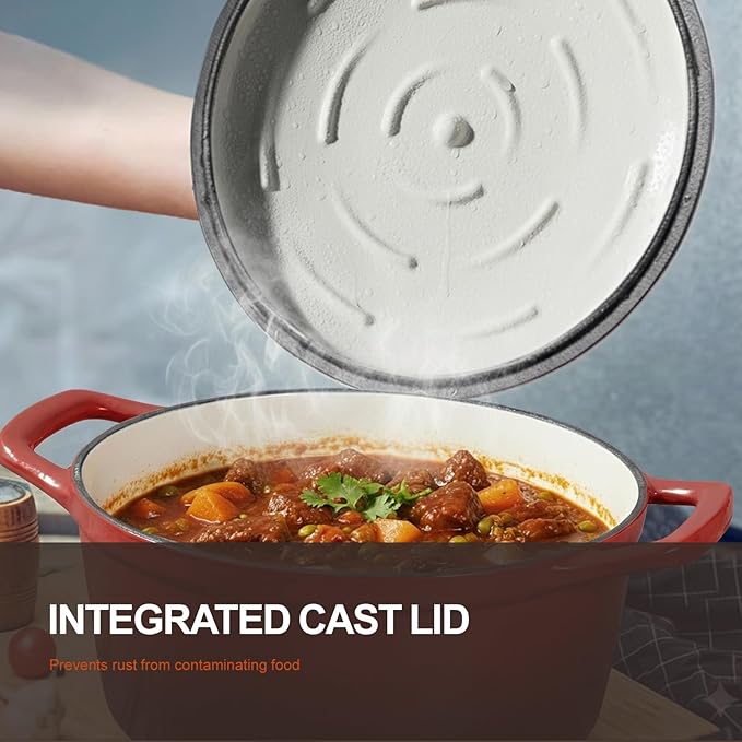 Overmont Enameled Cast Iron Dutch Oven - 5.5QT Pot with Wide Handles Lid Cookbook & Cotton Potholders - Heavy-Duty Pre-Seasoned Cookware Oven Safe to 500°F for Braising, Stews, Roasting, Bread Baking