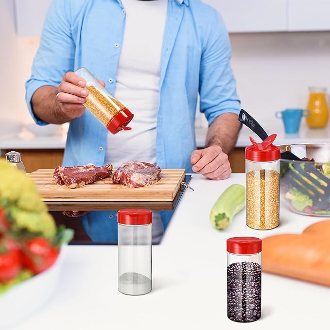 Zhehao 24 Pieces Plastic Spice Containers Plastic Spice Bottles Clear Reusable Large Empty Seasoning Jars with Shaker Lids for Kitchen Storage Seasoning Powder Herbs(16 oz,Cylinder,Clear and Red)