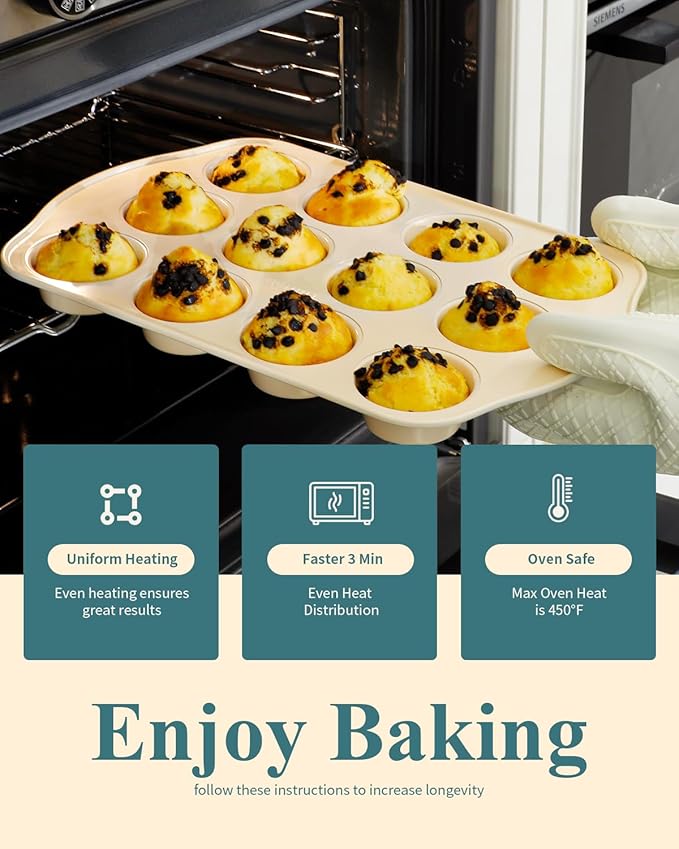 Nonstick Muffin Pan with 12 Silicone Baking Cups, Carbon Steel Muffin Tin for Muffins, Cupcakes, Egg Bites and more, Non Toxic, Easy to Clean, Dishwasher Safe, Sunshine Cream