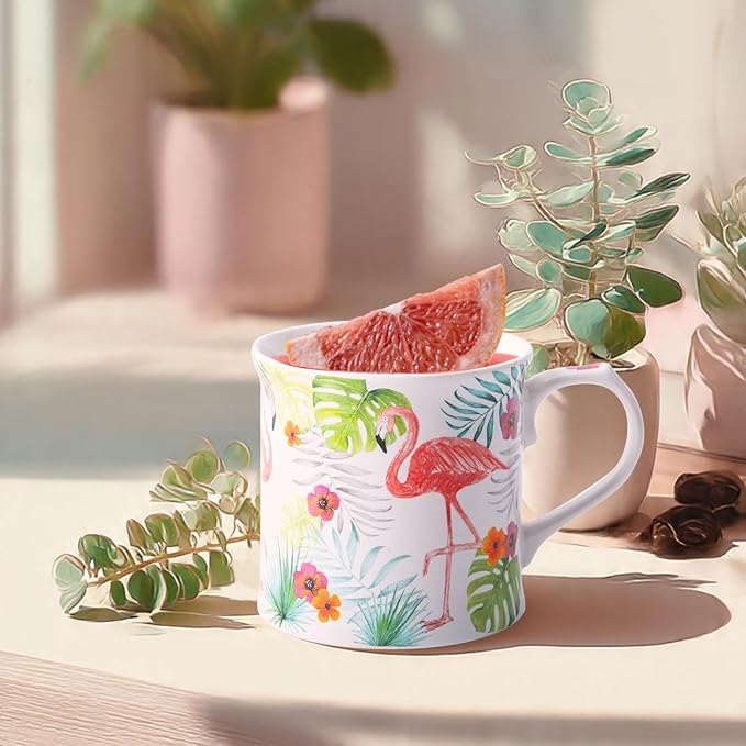 Flamingo Coffee Mug, Pink Flamingo & Tropical Greenery Ceramic Mug, 12oz New Bone China Tea Mug, Birthday & Valentine’s Day Gift for Women & Girls, Designed in England by Harvest Green Studio