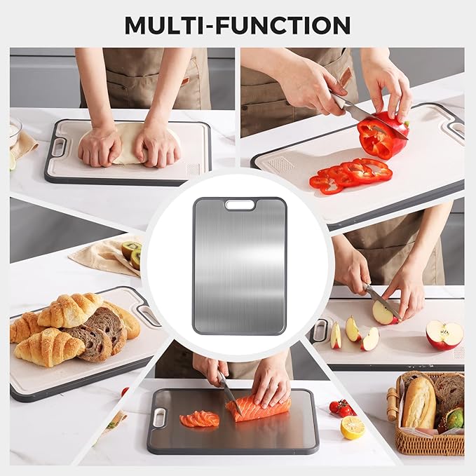 Stainless Steel Cutting Board for Kitchen, Cutting Board Double Sided Food Grade, 304 Stainless Steel/Wheat straw PP Large Board for meat,non toxic Chopping, Dishwasher Safe Size 15"×10"