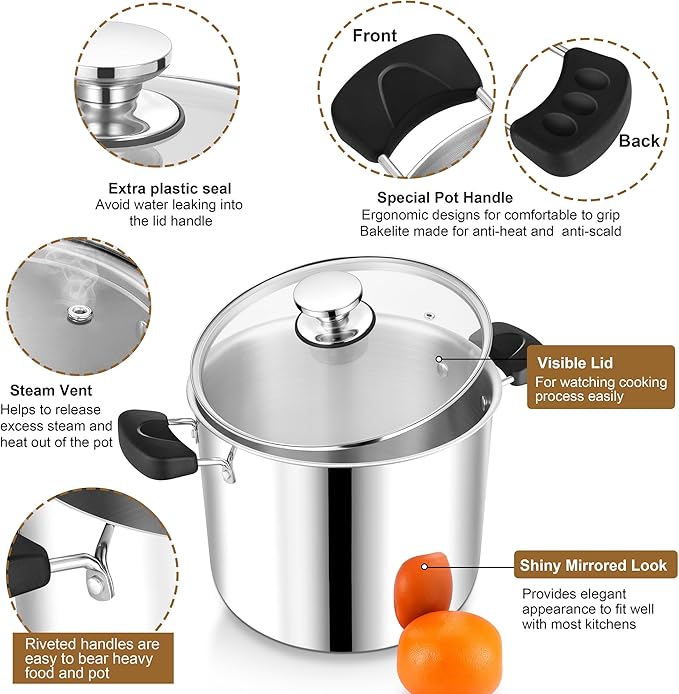 12 Quart 3-Ply Cooking Stock Pot with Lid, P&P CHEF Stainless Steel Large Pot for Pasta Soup, Work on Multi Stove, Heavy Duty & Dishwasher Safe, Dual Heat-resistant Handles & Transparent Glass Lid