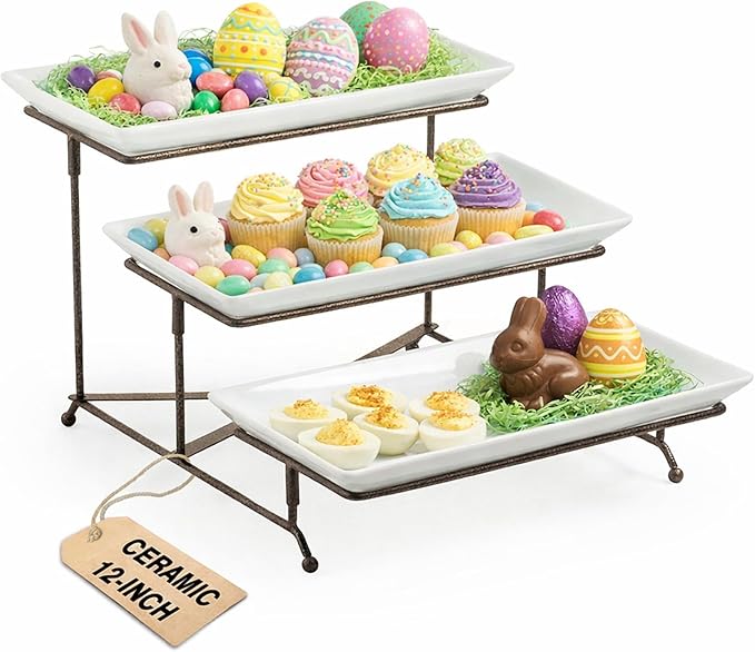 LAUCHUH 3 Tier Serving Tray for Party, Porcelain Tiered Serving Tray Stand Collapsible Sturdier Metal Rack Fruit Tray with 2 Cross Bars for Mother's Day Dessert Party Display Set, 12 Inch, Bronze