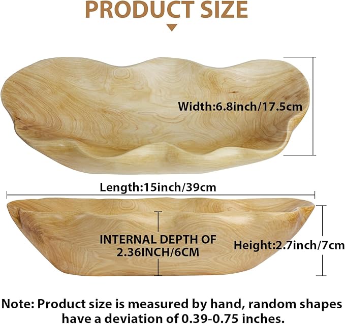 Wooden Fruit Bowl Handcrafted Wood - Natural Fruit Basket for Kitchen Counter Display, Decorative Bowl for Apples, Oranges, Pineapples (15 Inch)