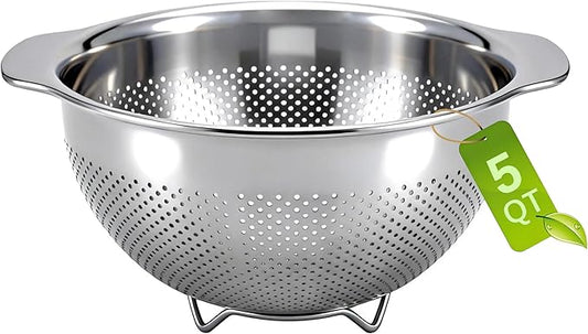 18/8 Stainless Steel Strainer and Colander for Kitchen, Large Strainers and Colanders, Food Strainers Fine Mesh with Handle for Spaghetti, Pasta, Rice, Fruit, Vegetables, Noodles (5QT)
