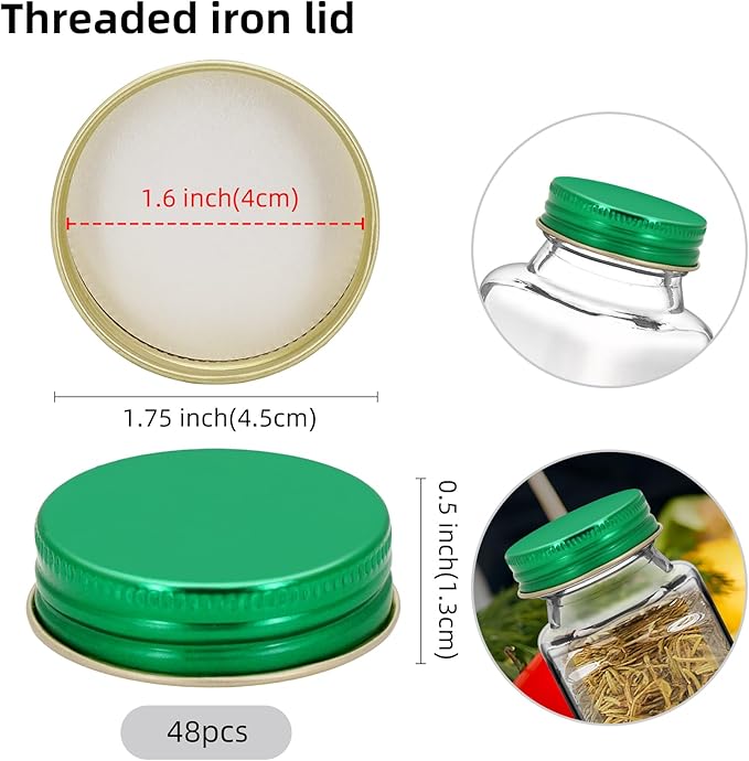 48 Pcs iron Jar Lids Lids for 4 oz and 6 oz Square Spice Jars Reusable Can Airtight Spice Storage Canning Lids for Nice Sealing Kitchen (Green)