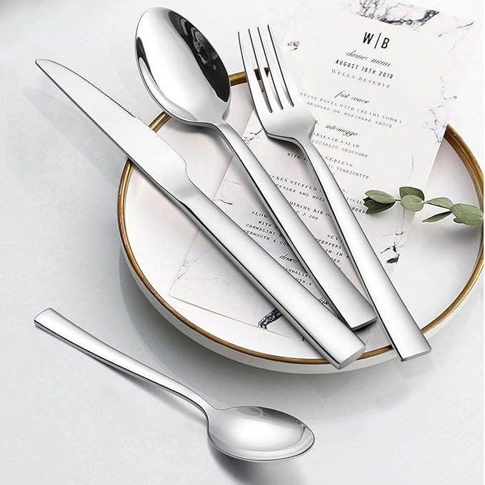 Silverware Set for 12, CXJY 60-Piece Stainless Steel Flatware Cutlery Set, Square Edge Kitchen Utensil Include Knives/Forks/Spoons, Tableware for Home/Hotel, Mirror Polished Dishwasher Safe