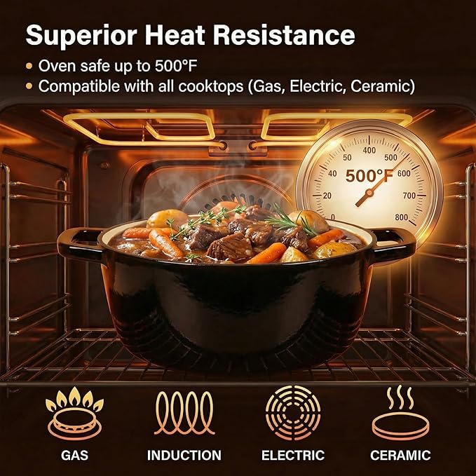 5.5QT Enamel Cast Iron Dutch Oven with Lid,Dual Handles,Versatile Heavy-Duty Non-toxic Cookware for Sourdough Bread Baking,Braising,Stews,Roasting,Oven Safe up to 500°F black