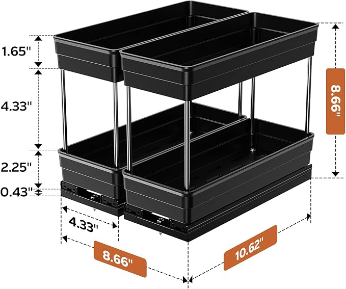Pull Out Spice Rack Organizer for Cabinet, Slide Out Spice Racks Organizer, Easy to Install Spice Cabinet Organizers, 4.33''Wx10.62''Dx8.66''H, 2 Packs-2 Tiers(Black)