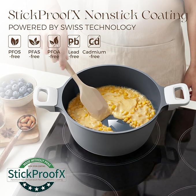 PRICUSIS Ceramic Nonstick Stock Pot with Silicone Rim Glass Lid, 4.5/7QT Soup Pot Casserole, Cooking Pot, Induction Compatible, Dishwasher Safe, Ideal for Pasta & Stews, PTFE PFOA Free, Blueberry Gray