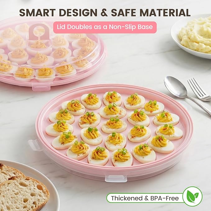 HANSGO Deviled Egg Containers with Lid, 3PCS Deviled Egg Platter Carrier Holder Trays with 66 Slots for Holiday Party and Home Kitchen, Pink