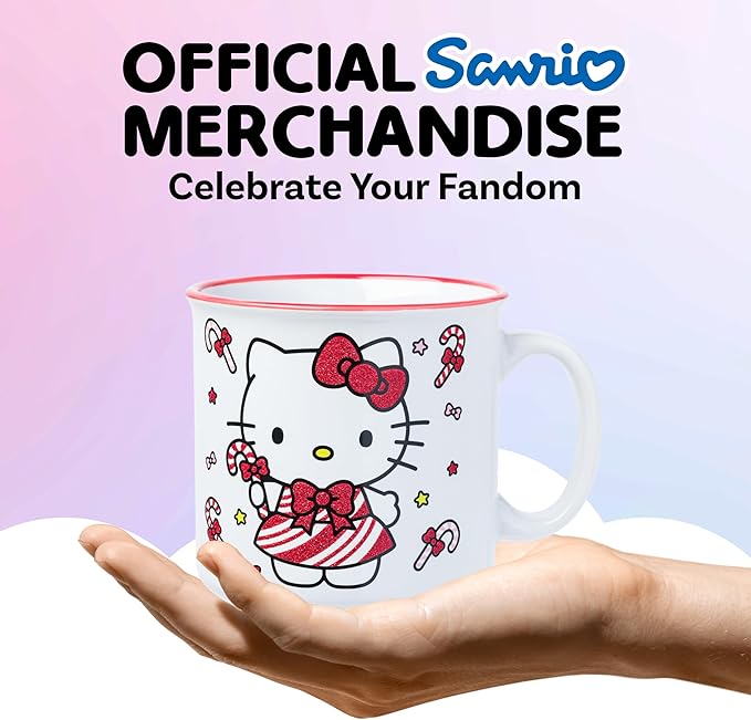 Silver Buffalo Sanrio Hello Kitty Christmas Candy Canes Glitter Ceramic Camper Mug, 20 Ounces