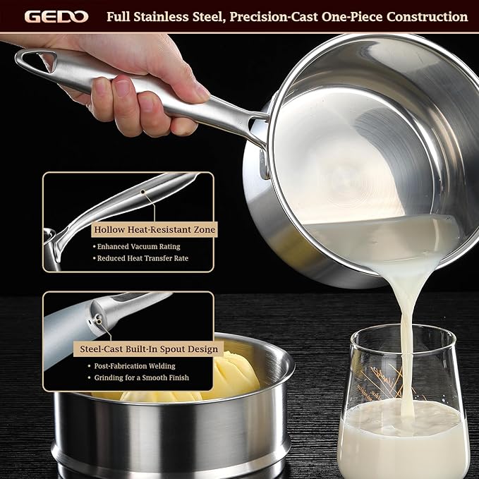 GEDO Food-Grade 316L Stainless Steel Sauce Pan with Glass Lid, 3-Ply Integrated Body Uncoated Cooking Pot, Universal for Induction Gas Ceramic Stovetops, Multi-Purpose Kitchen Cookware (2, Quarts)
