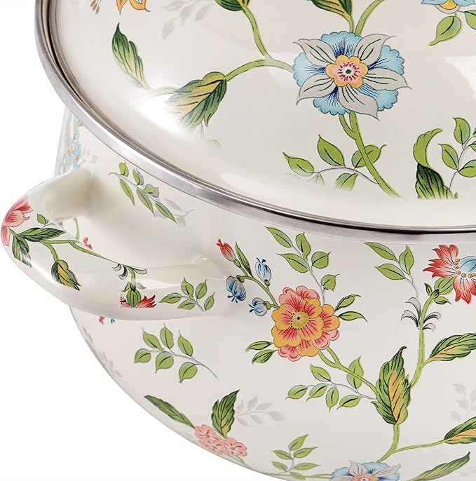 Jucoan 2.8 Quart Vintage Enamel Cooking Pot with Lid, Green Floral Enamelware Simmer Pot Saucepan with Dual Handles for Gas Electric Stovetop, Soup Bowl Gift for Housewarming Wedding Bridal Shower
