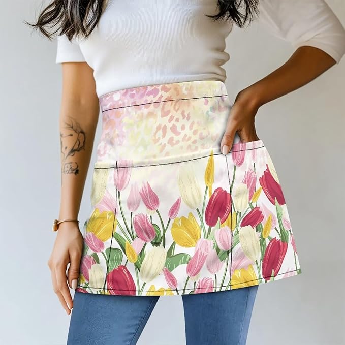 Server Waitress Waist Apron with 3 Pockets, Short Aprons for Servers,Waiter Apron For Waiter Accessories