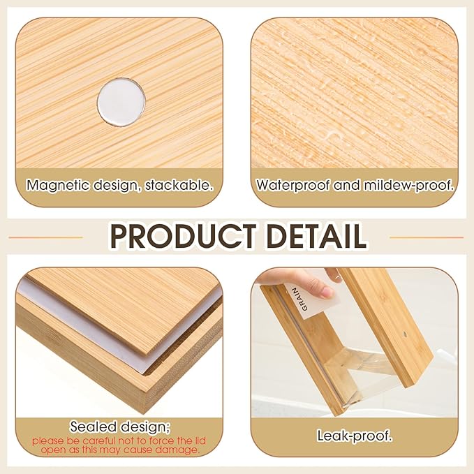 2 Pcs 2L Bamboo Food Dispenser Kitchen Organizers and Storage with Labels Airtight Pantry Organizers and Storage Container with Measuring Cups for Cereal, Rice, Flour, Sugar, Snack