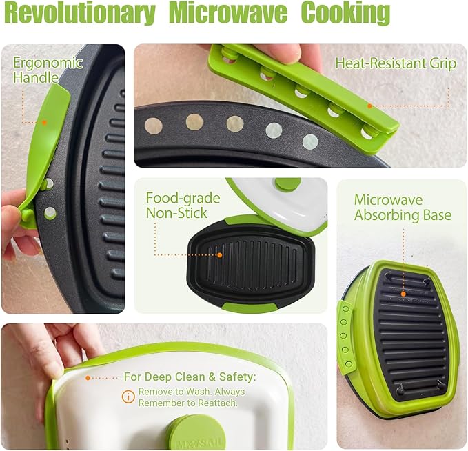 Quick-Heat 39 OZ Microwave Bacon Cooker & Grill Pan with Lid | Multi-Purpose Microwave Cookware for Grilling, Frying, Baking | Portable & Dishwasher Safe for Kitchen, RV, Office, Dorm(Green)
