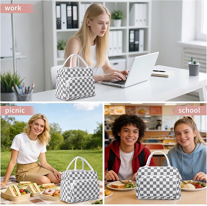 Lunch Box for Women Insulated Lunch Bag Women Adult Cute Lunch Bags Reusable Lunchbox Cooler Tote Bag for Work Picnic (White-Gray)