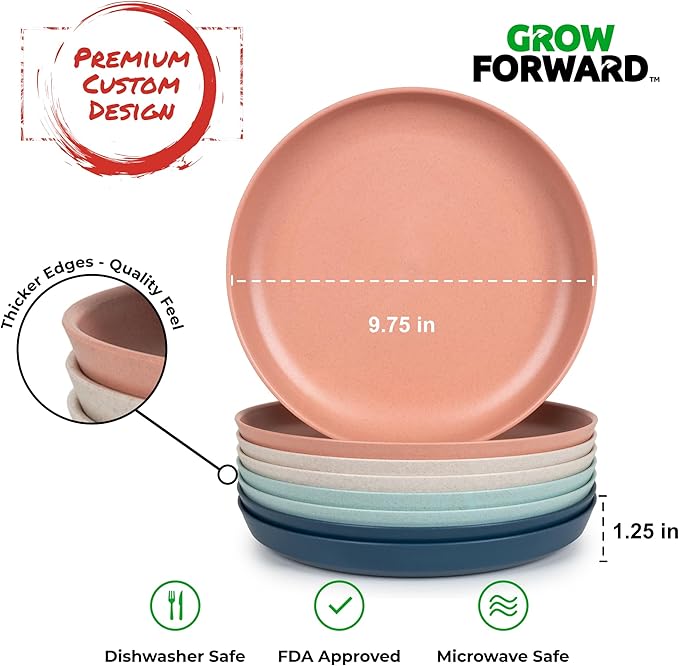 Grow Forward Premium Wheat Straw Plates - 10 Inch Reusable Hard Plastic Dinner Plates Set of 8 - Unbreakable Microwave Safe Plates for Dessert, Camping, RV, Outdoors, Patio, Kitchen Dishes - Tropical