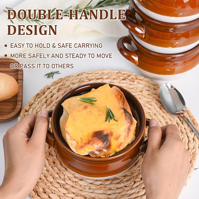French Onion Soup Bowls with Handles, 28 oz Ceramic Soup Crocks Oven Proof Soup Bowls for Chilli, Cereal, Pot Pies - French Onion Soup Crocks, Oven, Broil & Dishwasher Safe, Set of 4