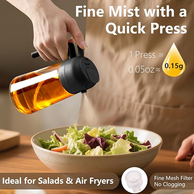 2PCS Oil Sprayer for Cooking, 16oz/470ml Glass Oil Dispenser/Pour Bottle, Kitchen Accessories, Kitchen Gadgets for Air Fryer, Salad, BBQ, with Stickers (Black,Black)