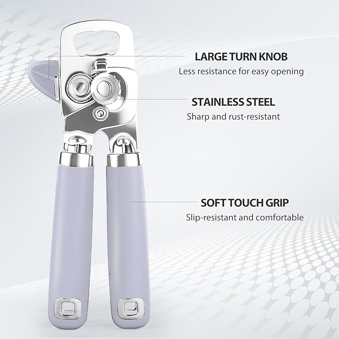 Can Opener Manual, Heavy Duty Stainless Steel Smooth Edge Can Opener With Soft Touch Handle, Oversized Handheld Easy Turn Knob, Multi-Function Bottle Opener, Lavender