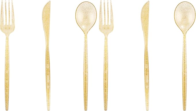 Supernal 180pcs Gold Plastic Silverware Durable Plastic Silverware Gold Glitter Color Party Cutlery Disposable Flatware Heavy Duty Include 60 Forks,60 Knvies,60 Spoons for Wedding,Birthday (Pack of 2)
