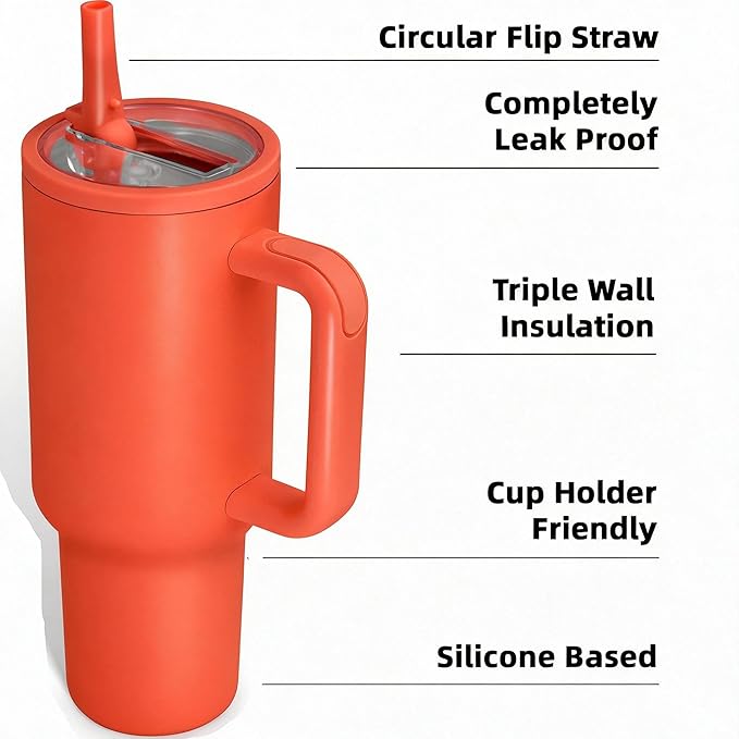 40 oz Insulated Tumbler with Handle,Flip Straw,Lid & Rubber Base Stainless Steel Water Bottle - Leak Proof Vacuum Insulated Mug BPA Free Reusable Travel Cup Gifts for Women/Men (Orange)