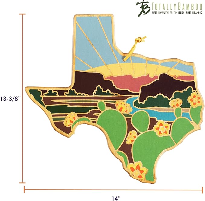 Totally Bamboo Texas State Shaped Cutting Board and Charcuterie Serving Platter with Artwork by Summer Stokes, Includes Hang Tie for Wall Display 14" x 13-3/8" x 5/8"