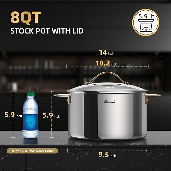 8 Quart Stock Pot with Lid, Upgraded Tri-Ply Stainless Steel Pot, Seamless Soup Pot with Stay-Cool Brass Handle, Healthy Polished Stockpots, Induction Cookware, Oven and Dishwasher Safe