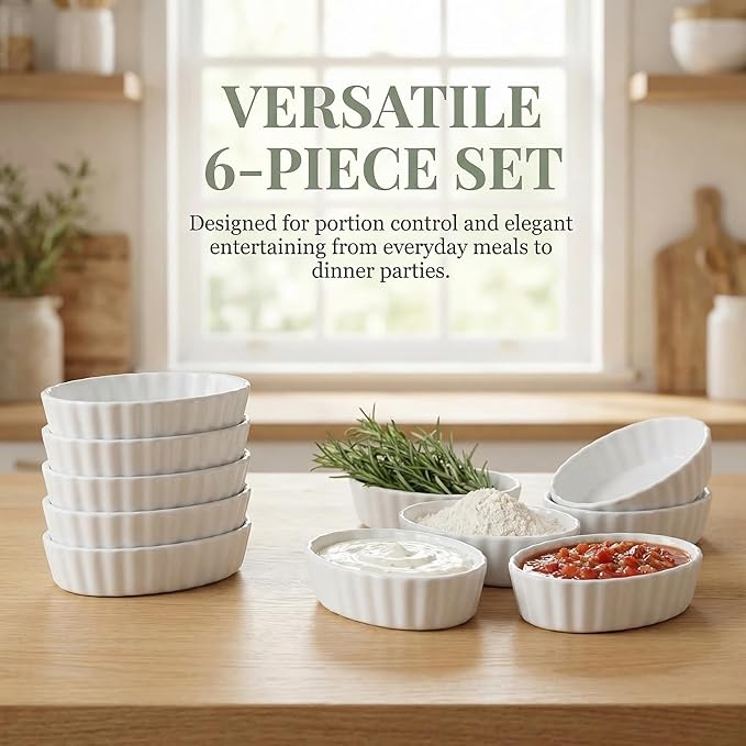 Creme Brulee Ramekins, 6 Pcs Oval Ceramic Baking Dishes, 5.2 Inch Oven Safe Baking Dishes for Souffle, Dessert, Baked Gratins, Prep Bowls for Ingredients, Dipping Sauces - Dishwasher Safe & Stackable