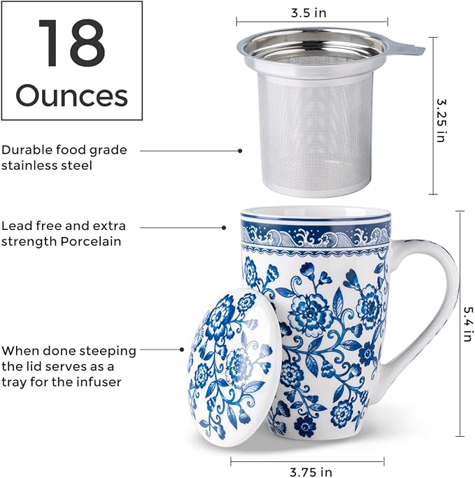 AmorArc Porcelain Tea Mug with Infuser and Lid – 18oz Loose Leaf Tea Cup with Handle, Gift for Tea Lovers (Men & Women)