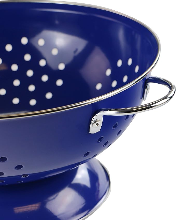 Reston Lloyd Calypso Basics Extra Large Enameled Colander with Solid Base, Strainer Basket with Handles, for Pasta, Berries, Vegetables, Fruit, Indigo, 7 Quart (224oz/ 6.6 L)