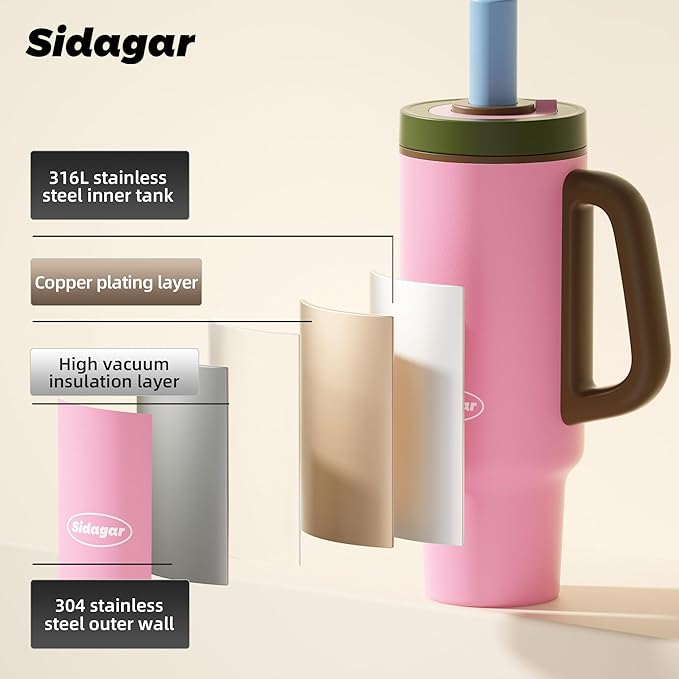 Tumbler with Handle,36 oz Ceramic Lined Travel Mug Water Bottle with Straw,Vacuum Insulated Stainless Steel Cup with Lid,Fits Cup Holder, Leak Resistant Press-in Lid,Pink