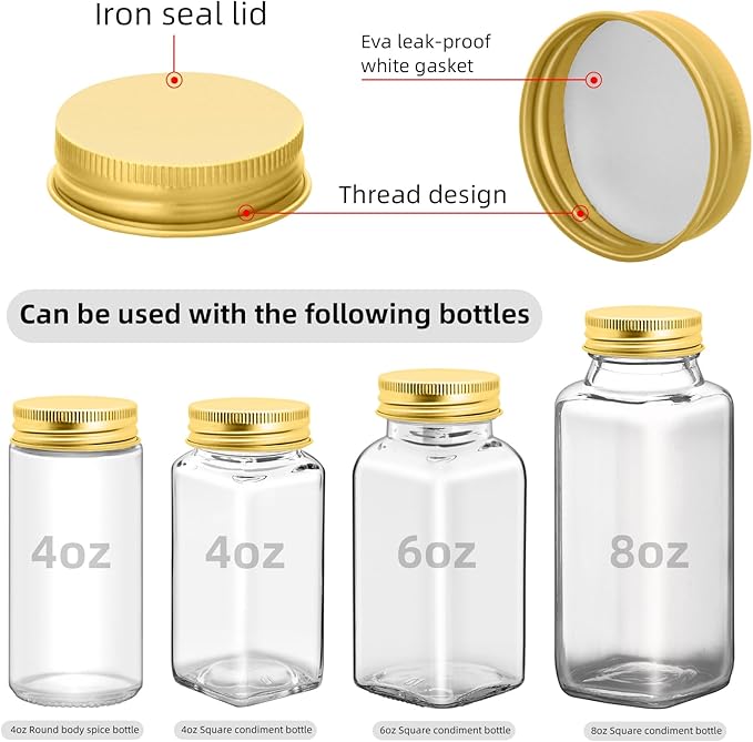 48 Pcs iron Jar Lids Lids for 4 oz and 6 oz Square Spice Jars Reusable Can Airtight Spice Storage Canning Lids for Nice Sealing Kitchen (Gold)