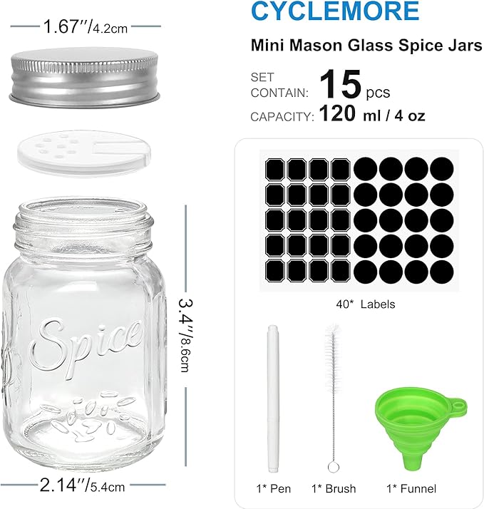 CycleMore 15 Pack 4oz Glass Mason Spice Jars, Round Spice Containers with Silver Metal Caps and Pour/Sift Shaker Lids-40pcs Labels,1pcs Silicone Collapsible Funnel,1pack Brush and 1 Pen Included