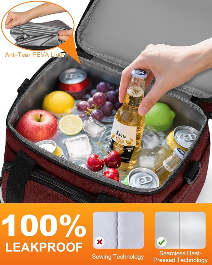 Lunch Box For Men Women Double Deck Insulated Lunch Bag For Men Woman Leakproof Expandable Cooler Bag with Adjustable Shoulder Strap for Work Picnic Camping(Wine Red,Large)