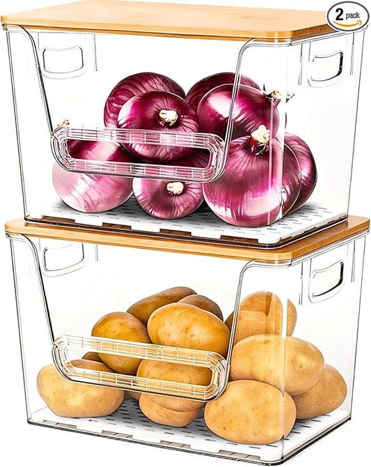 2 Set Pantry organizers and Storage,Trash Bag Holder Under sink Organizer for 4-13 Gal Bags,Trash Bag Dispenser with Bamboo Lids and Stackable Clear Bins for Potato, Onion, Garlic, Fruit, Vegetables