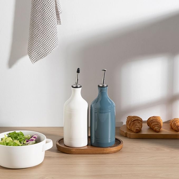 Sweejar Ceramic Olive Oil Dispenser Bottle Set, Opaque Oil Cruet Protects to Reduce Oxidation, Suitable For Storage Of Vinegar, Soy Sauce & Other Liquids,Pack of 2,15.5 Fl Oz（White Fogblue）