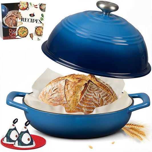 Overmont Enameled Cast Iron Bread Oven - 6QT Bread Dutch Oven for Sourdough Bread Baking - Bread Pot with Dome Lid Cotton Potholders & Cookbook - Multi-Functional Bread Pan For Baking Frying Roasting