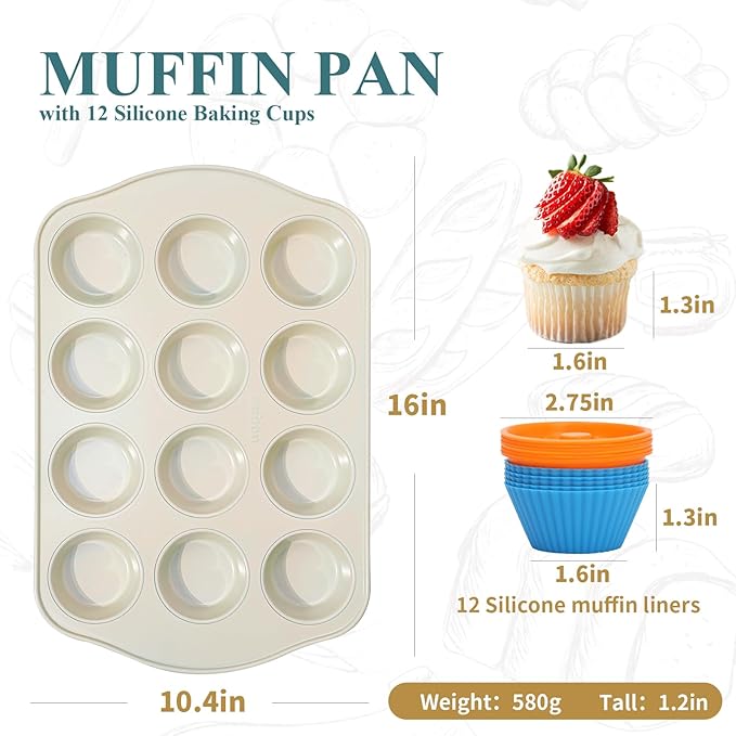 Nonstick Muffin Pan with 12 Silicone Baking Cups, Carbon Steel Muffin Tin for Muffins, Cupcakes, Egg Bites and more, Non Toxic, Easy to Clean, Dishwasher Safe, Sunshine Cream