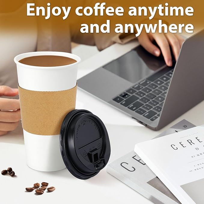 50 Pack 20 oz Disposable Coffee Cups with Lids and Insulated Sleeves, Leak-free Paper and Sturdy Thick Paper Hot to Go Coffee Cups with Lids for Cold/Hot Beverage (White)