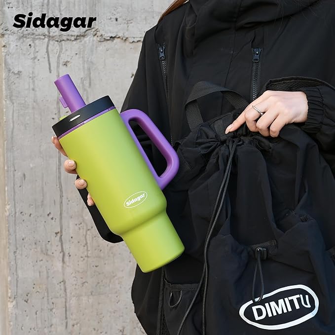 Tumbler with Handle,36 oz Ceramic Lined Travel Mug Water Bottle with Straw,Vacuum Insulated Stainless Steel Cup with Lid,Fits Cup Holder, Leak Resistant Press-in Lid,Green