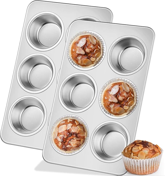 Leonyo 2 Pack 6-Cup Muffin Pans, Stainless Steel Standard Size Cupcake Pans Tray for Baking, Metal Non-Toxic Muffin Tins, Dishwasher Oven Safe