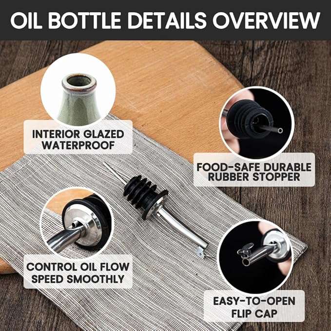 KXZ 19 oz Ceramic Olive Oil Dispenser Bottle for Kitchen, Large Capacity Oli and Vinegar Cruet with Stainless Steel Spout, 540 ml Oil Container with Handle for Cooking Preventing, Vinegar Cruet