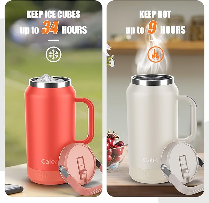 64oz Insulated Water Bottle with Flip Straw Lid - Leak-Proof, Sweat-Free, Top and Easy-Grip Side Handle, Silicone-Wrapped for Comfort, Iced for 34 Hours, Wide Mouth, BPA-Free, Anti-Slip Base