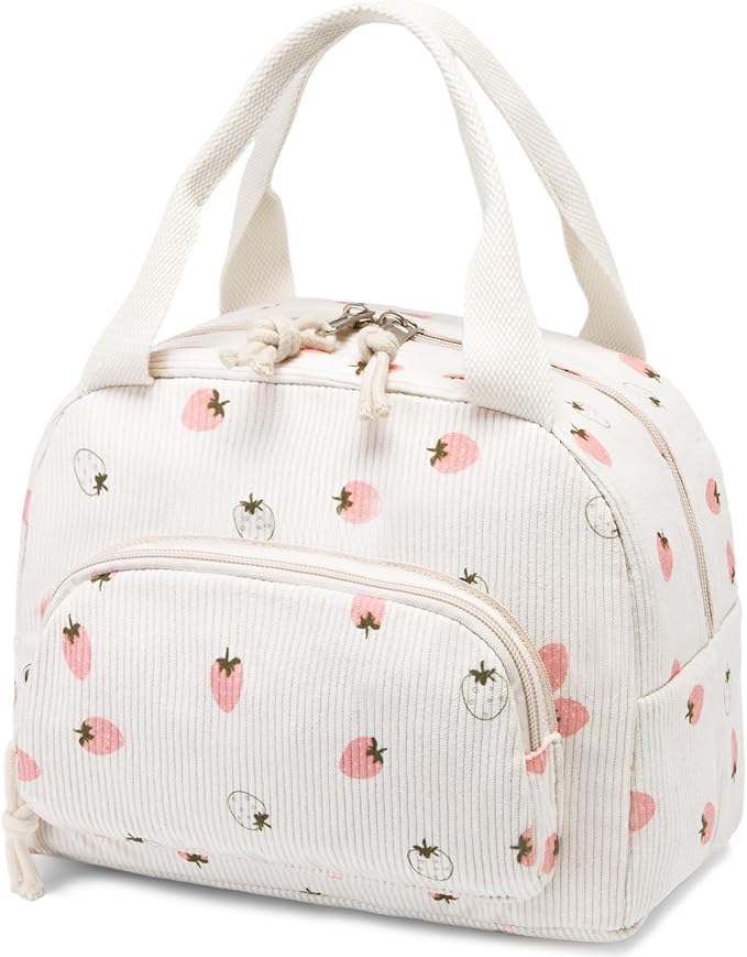 Lunch Bag Women Lunch Box for Women Adult Cute Insulated Lunch Bag Small Cooler Lunch Tote Bags for Work Picnic Travel (Beige-Light Strawberry)