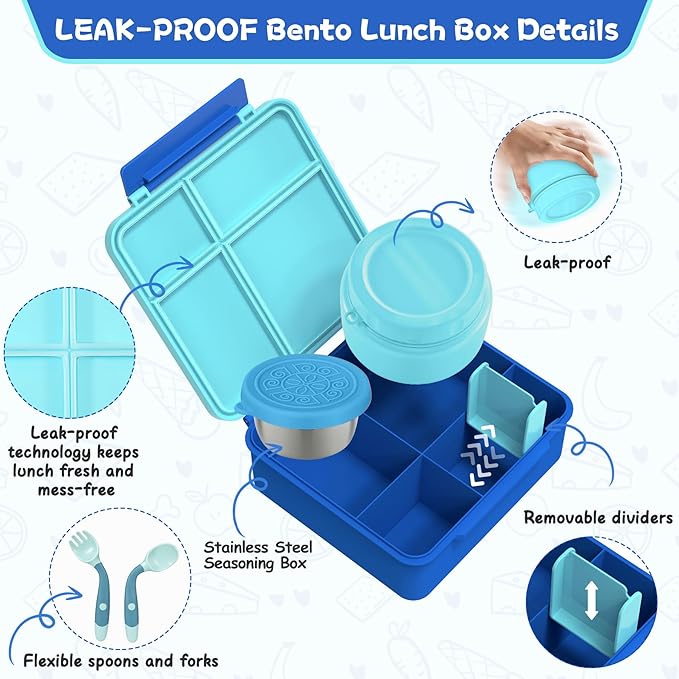 Kids Bento Lunch Box with 8oz Soup Thermo, Kids Leakproof Lunch Food Containers with 4 Compartment,Insulated Hot Food Jar with Lunch Bag for School, Travel (Blue)